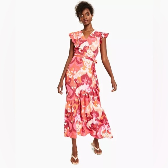 Bar III Flutter-Sleeve Wrap Pink Paisley Maxi Dress 0028 - Picture 1 of 9